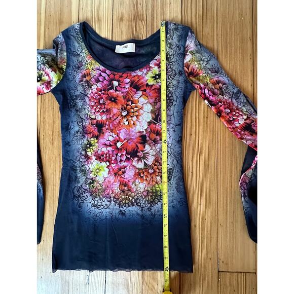 NWOT FUZZI Floral Y2K Sheer Long Sleeve Scoop Neck Multicolor Double Lined Top - Picture 7 of 8